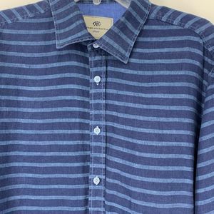 Mens Report Collection Linen Horizontal Stripe Resort Shirt XL 3824 Navy EUC